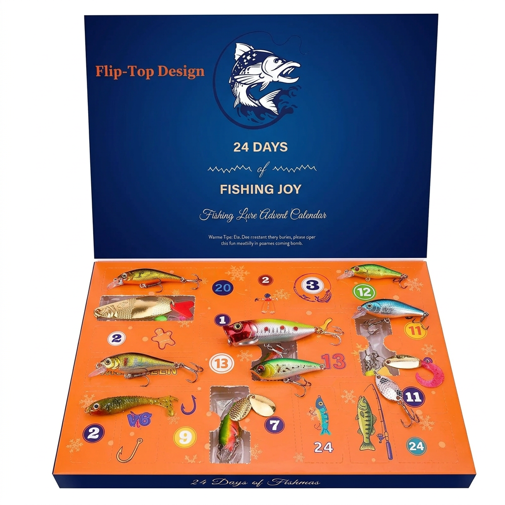 Blue and orange Advent calendar for anglers, shown opened with lures on display as examples.