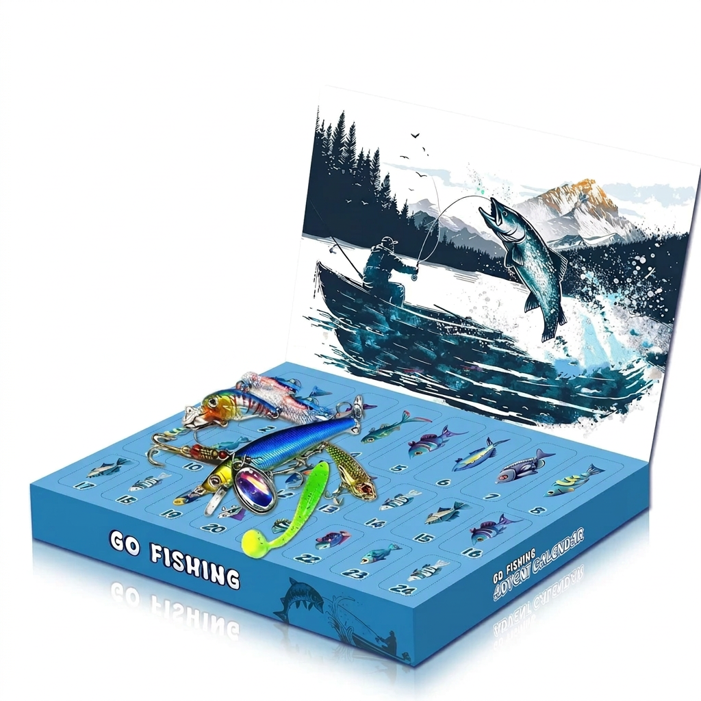 Advent calendar for anglers, featuring illustrations of fishing lures.
