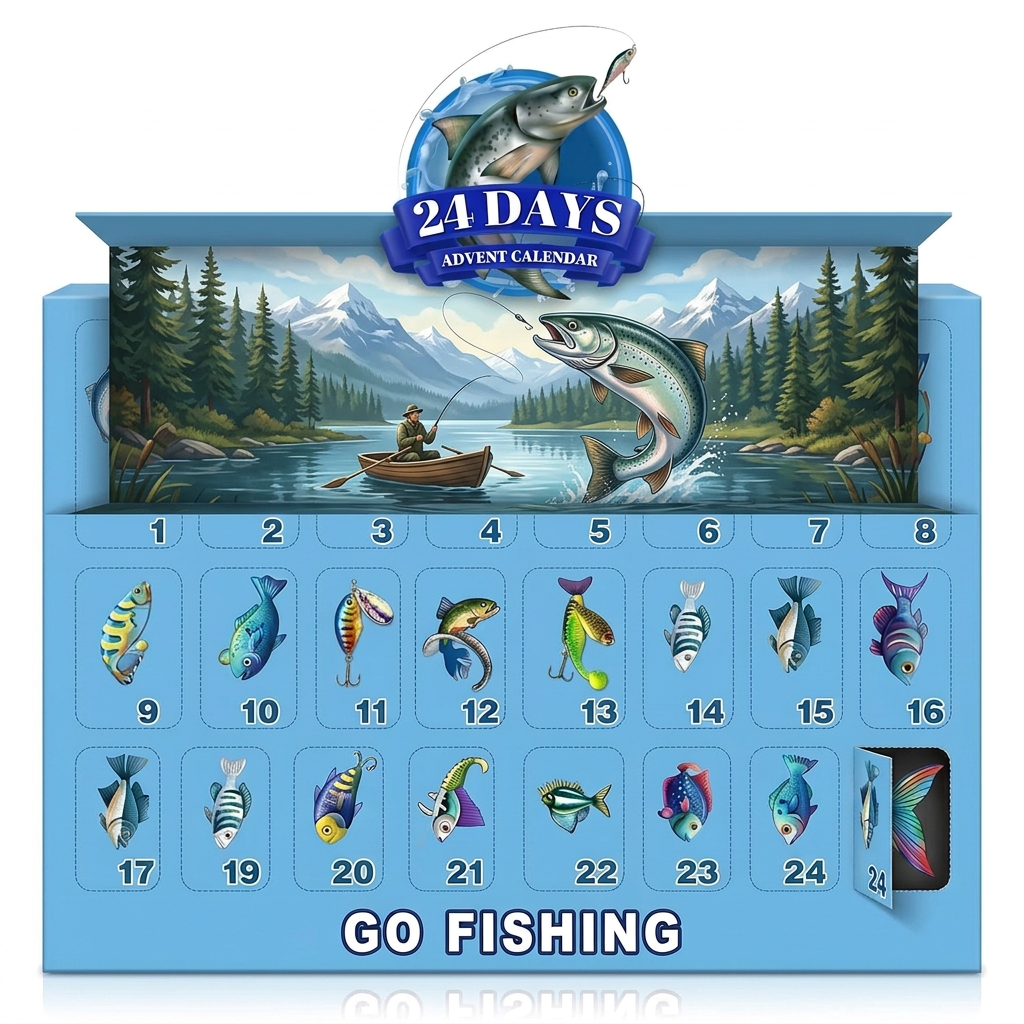 Advent calendar for anglers, opened to reveal illustrations of lures, shown as examples.