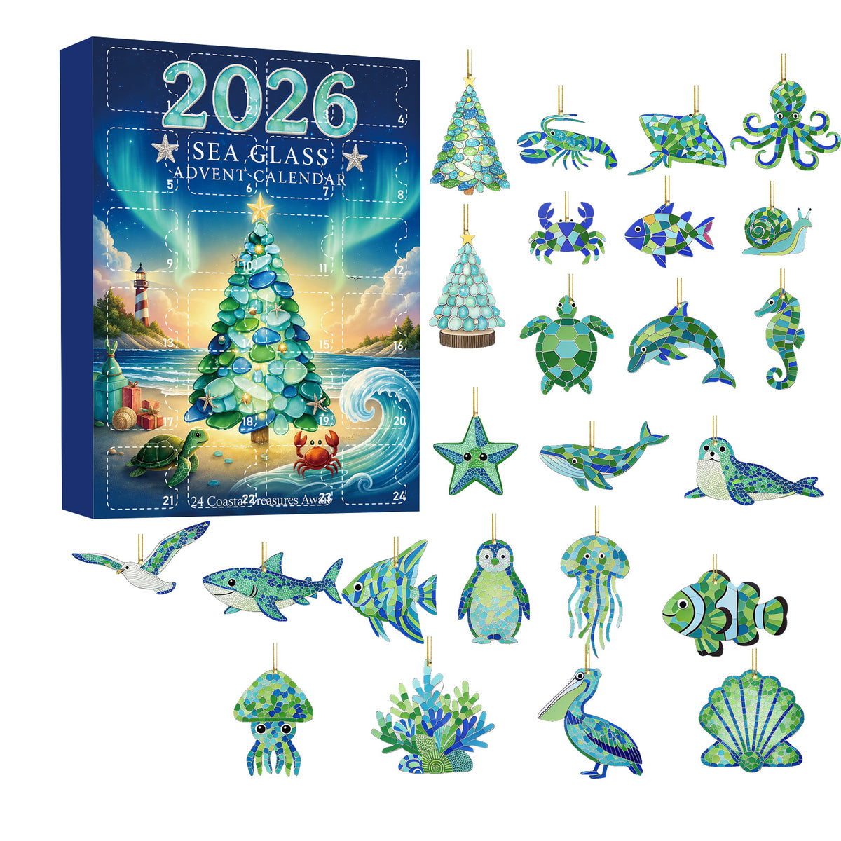 Sea-themed Christmas ornaments. Turquoise-colored tuna.
