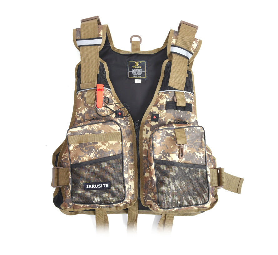 Fisherman’s vest with camouflage patterns and multiple compartments for accessories.