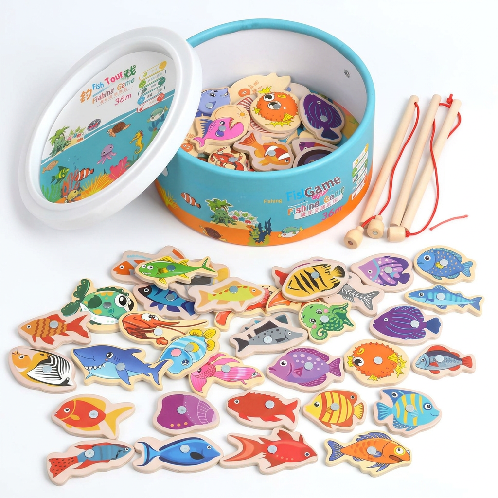 Wooden Magnetic Fishing Toy Bucket