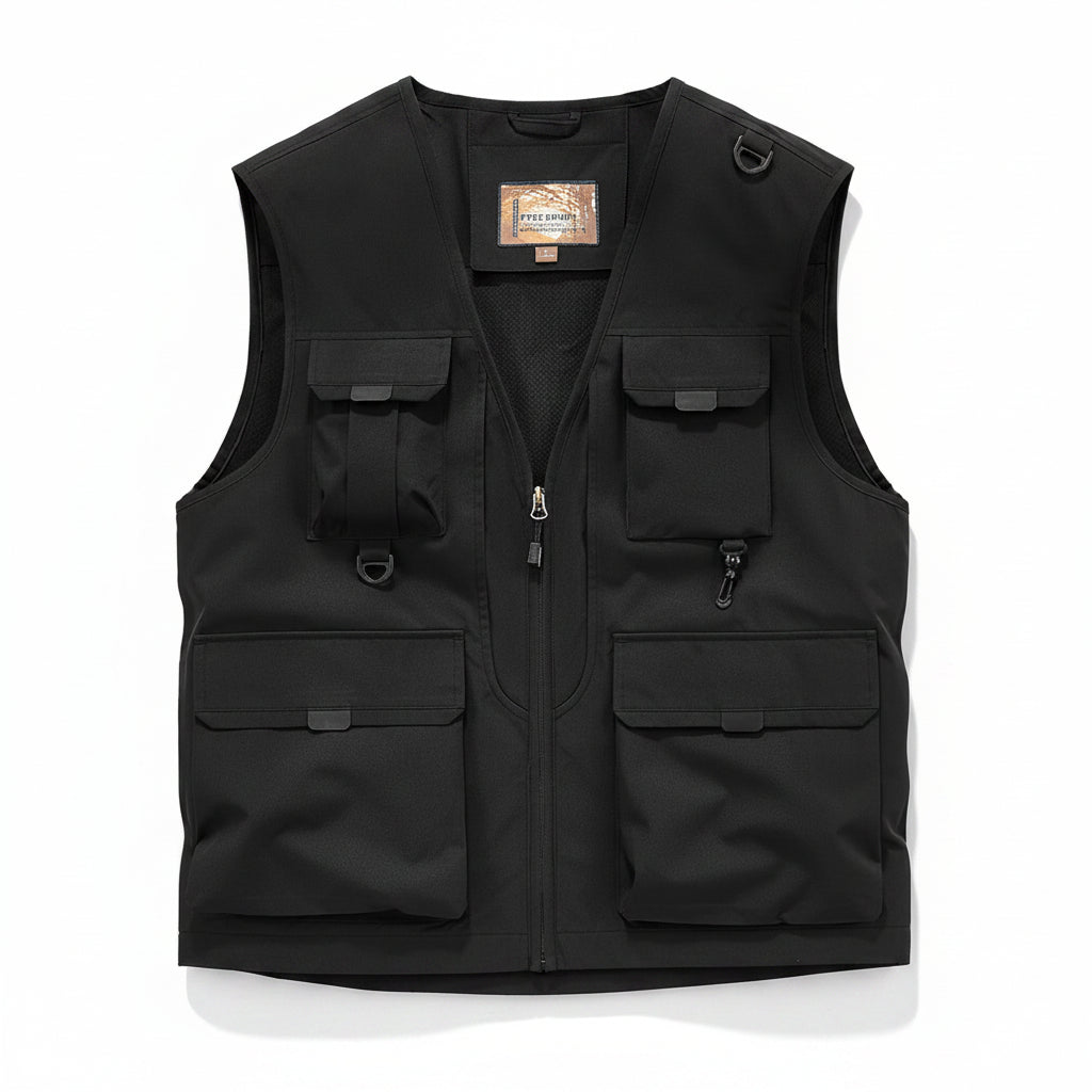 Black fishing vest with multiple pockets and a zipper.