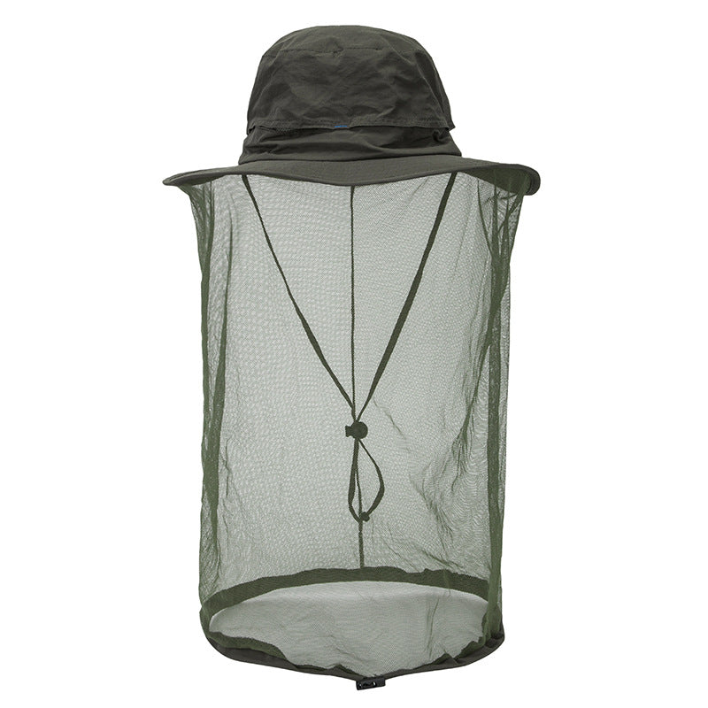 Dark green hat with a long mosquito net for outdoor use.